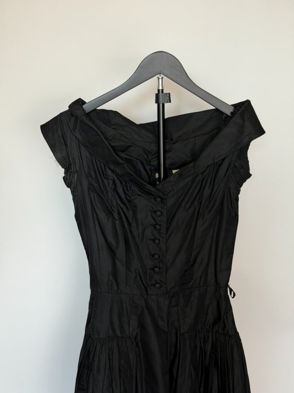 Black Off Shoulder Fit & Flare Midi Dress Button Front Elegant Vintage Style